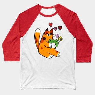 Calico Cat Loves Green Frog Baseball T-Shirt